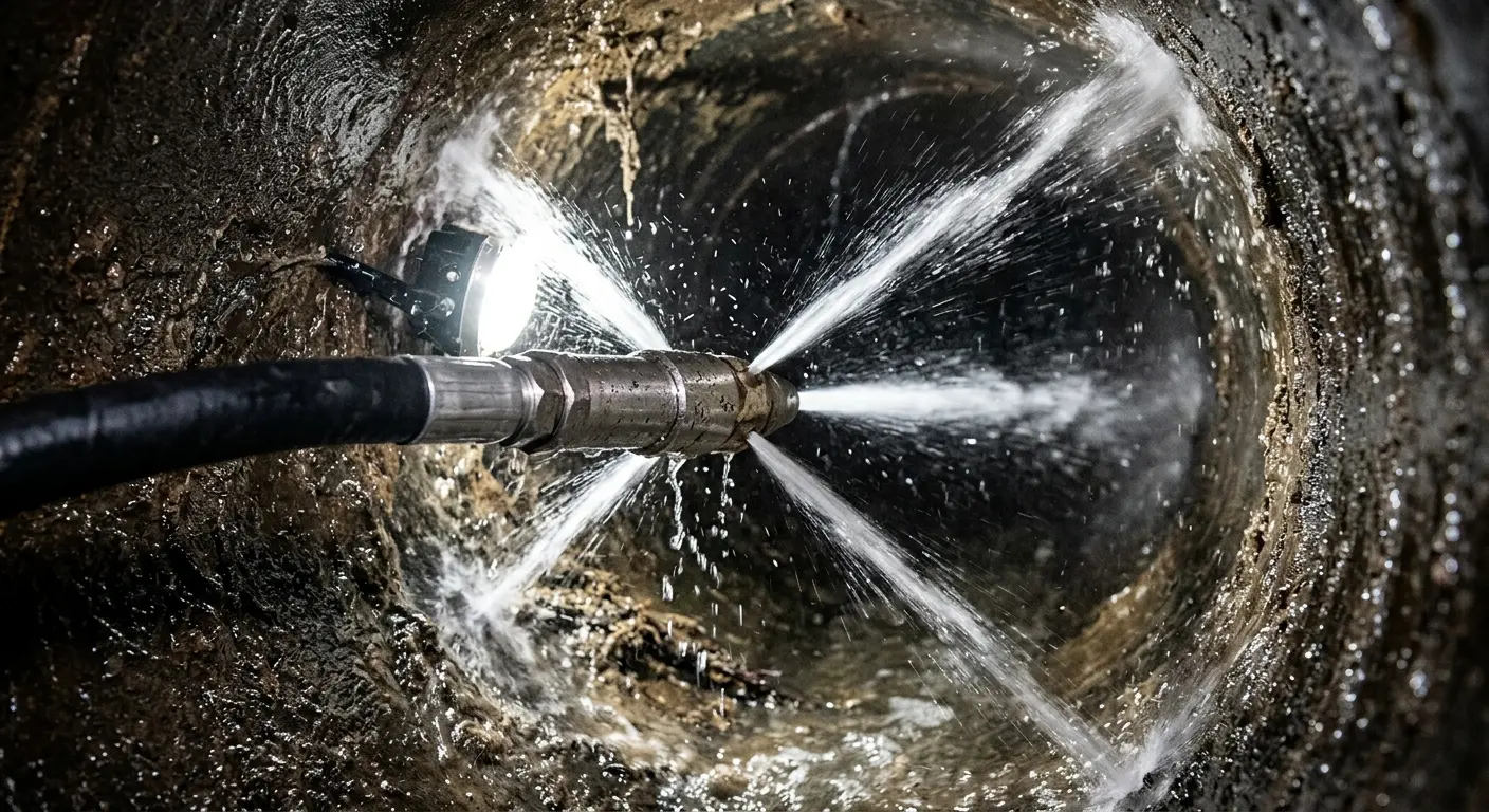 High-pressure hydro jetting nozzle cleaning sewer pipe for Trenchless Sewer Repair in Tanque Verde