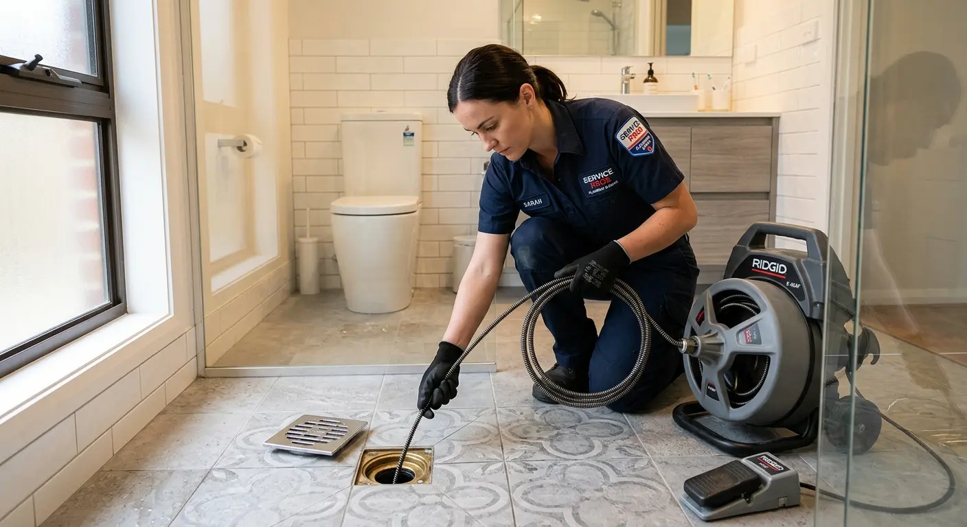 Technician clearing a bathroom floor drain for Sewer Line Replacement in Tanque Verde
